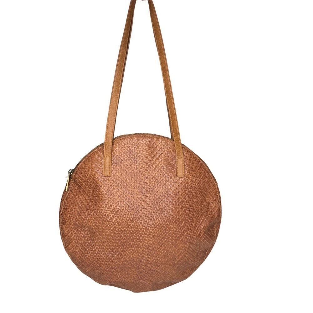 Anthropologie Cognac Brown Round Woven Faux Leather Embossed Circle Shoulder Bag - Picture 2 of 8
